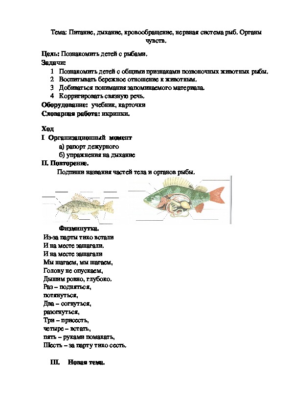 Тема: Питание, дыхание, кровообращение, нервная система рыб. Органы чувств.