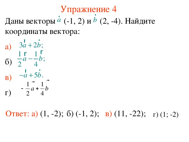 Разложите векторы изображенные на рисунке по координатным векторам и впишите их координаты ответ