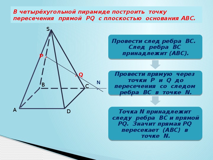 Точка не лежащая в плоскости основания пирамиды. Построение прямой с пирамидой. Постройте точку пересечения прямой с плоскостью. Точка пересечения прямой и плоскости в тетраэдре. Построить точку пересечения прямой с основанием.