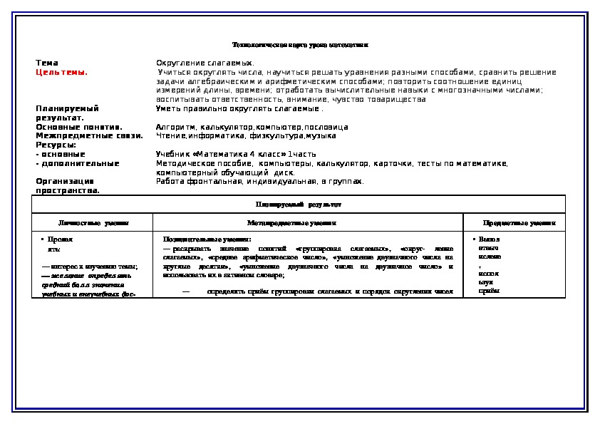 Тема	Округление слагаемых.