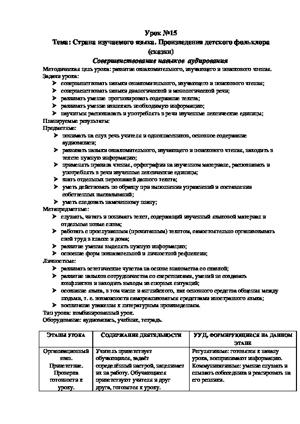 Урок №15 Тема: Страна изучаемого языка. Произведения детского фольклора (сказки) Совершенствование навыков  аудирования