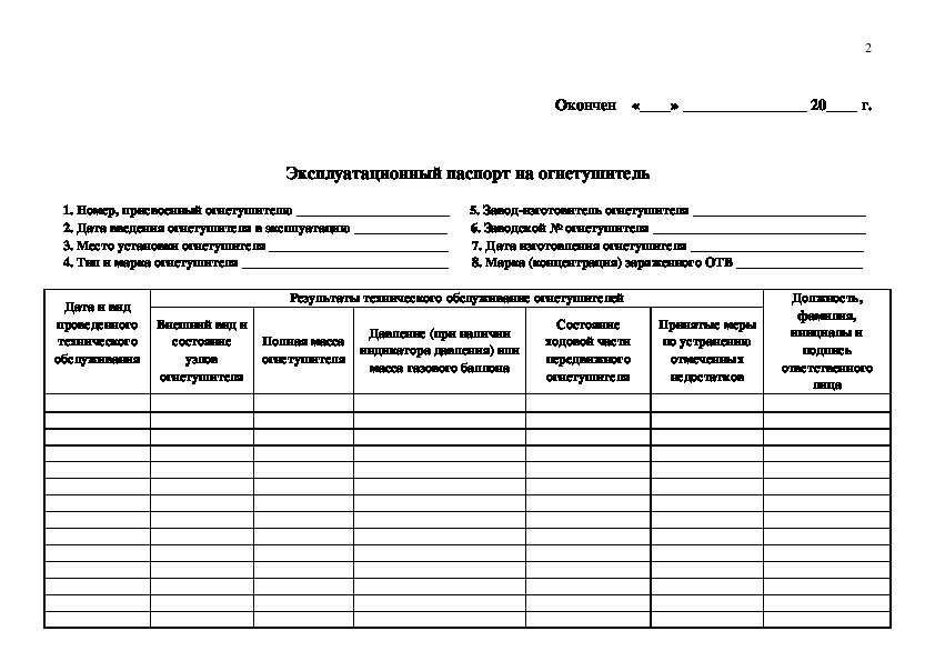 Эксплуатационный паспорт на огнетушитель образец заполнения 2022