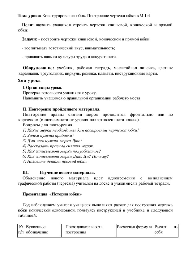 Тема урока по технологии 6 класс: Конструирование юбок. Построение чертежа юбки в М 1:4