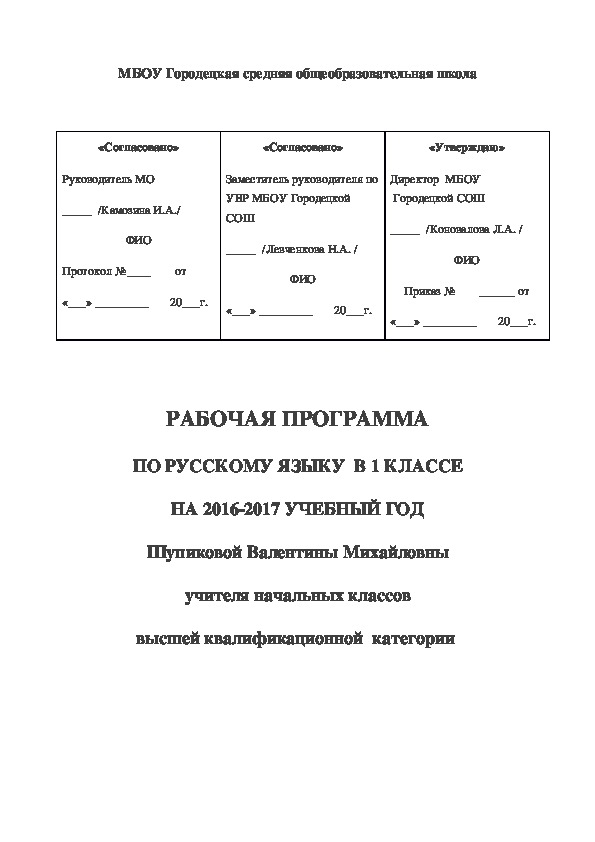 Рабочая программа по русскому языку для 1 класса