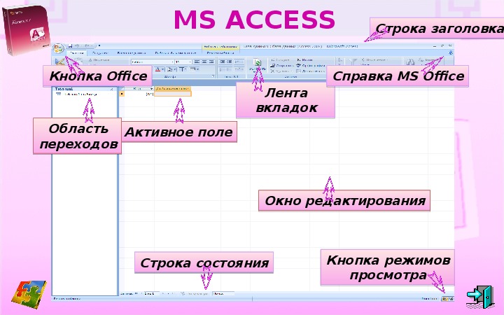 Take access. Элементы окна программы MS access. Структура окна MS access. Microsoft access Интерфейс. Microsoft access структура.
