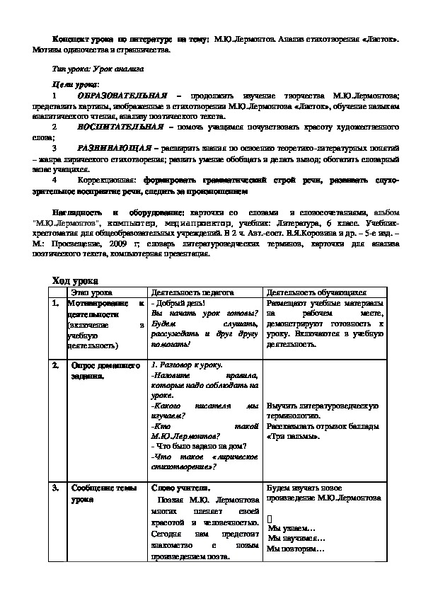 Обложка для материала Конспект урока "М.Ю. Лермонтов. Анализ стихотворения «Листок». Мотивы одиночества и странничества"