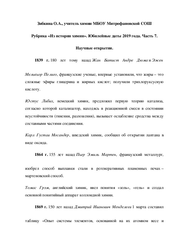 Обложка для материала Рубрика «Из истории химии». Юбилейные даты 2019 года. Часть 7. Научные открытия.