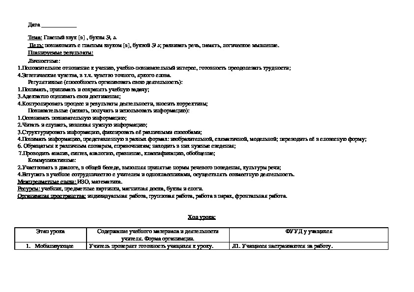 Конспект урока по литературному чтению "Гласный звук [э] , буквы Э, э."(1 класс)