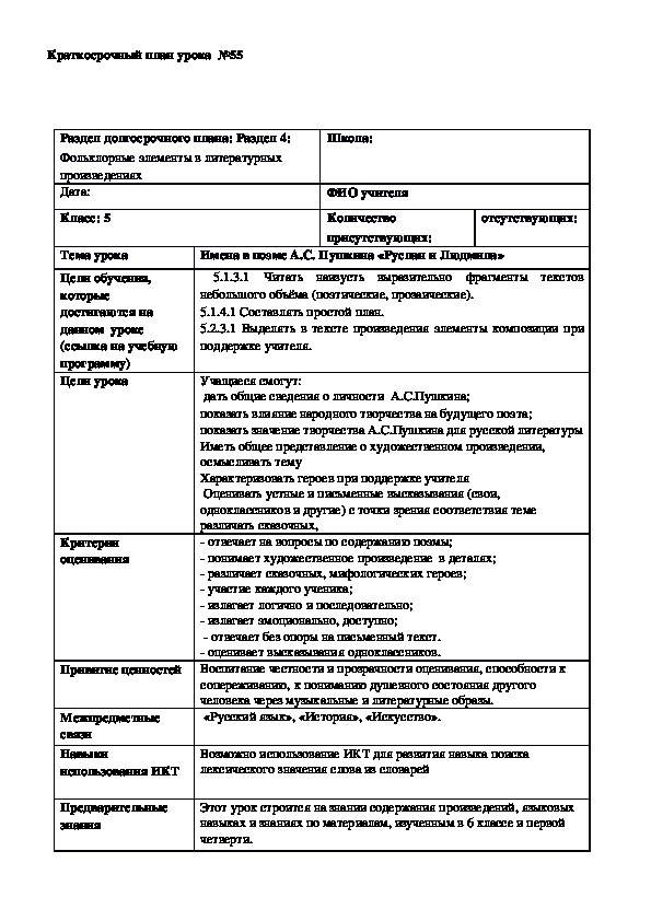 Обложка для материала Русская литература 5 класс Тема урока	Имена в поэме А.С. Пушкина «Руслан и Людмила»