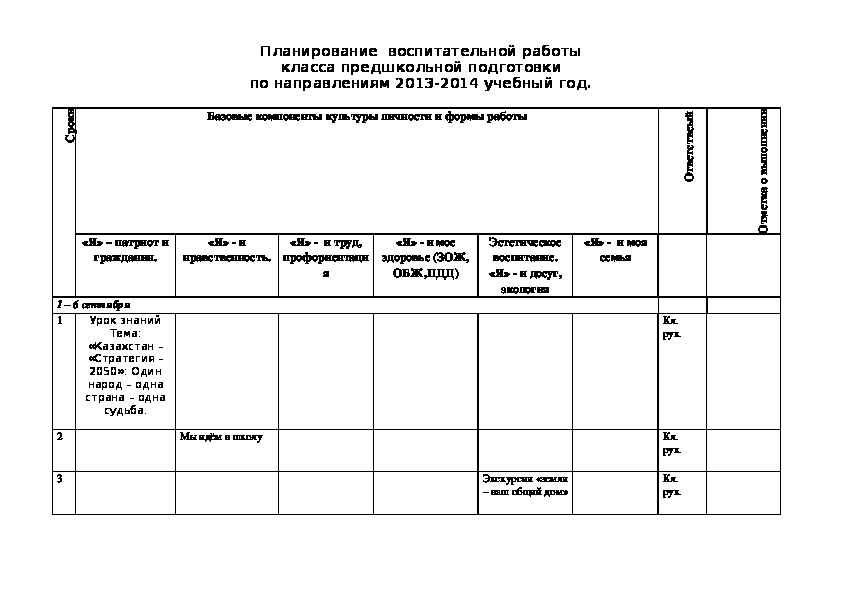 Планирование  воспитательной работы класса предшкольной подготовки