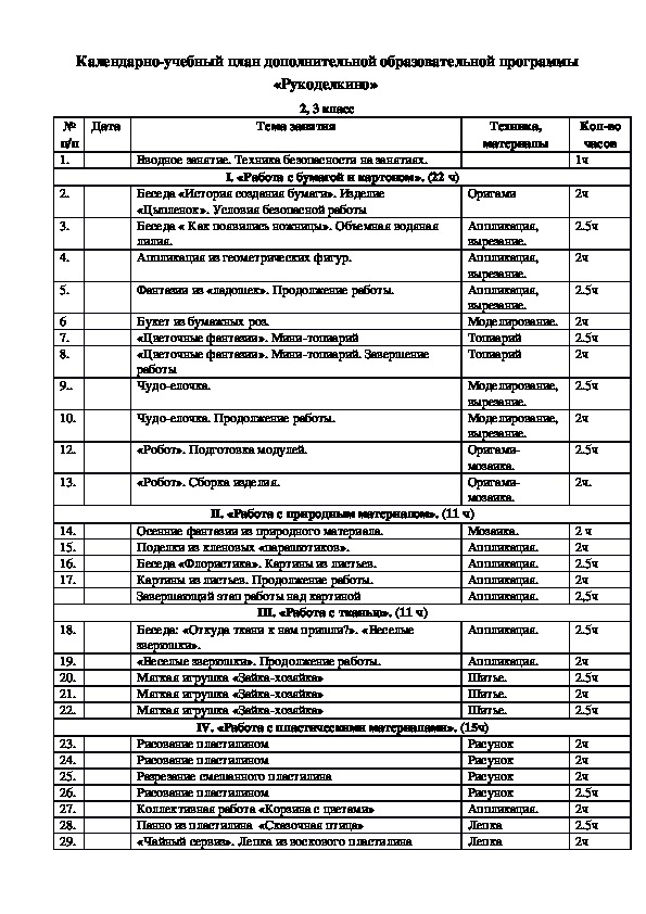 План кружка рукоделия