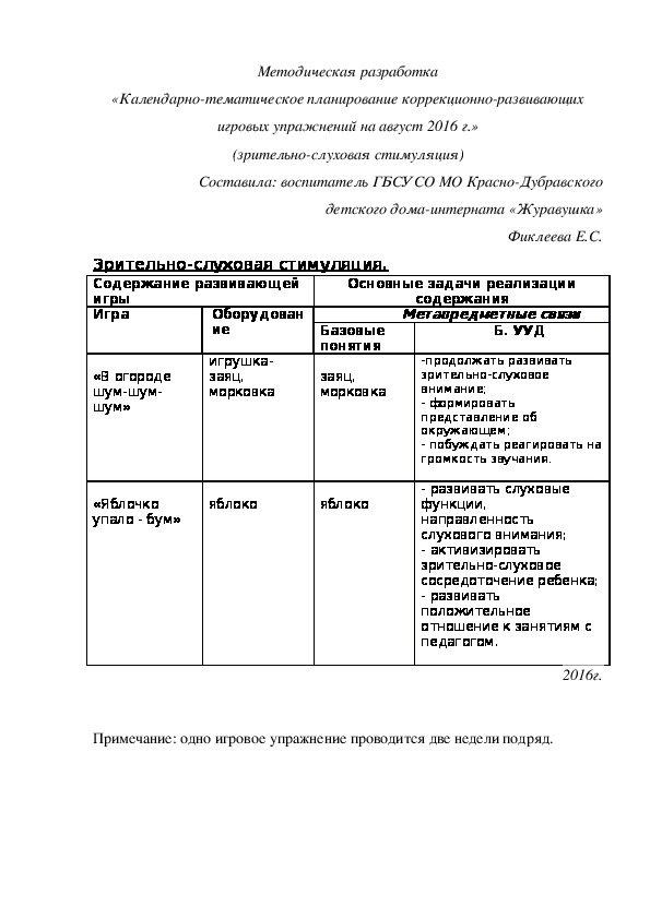 Методическая разработка «Календарно-тематическое планирование коррекционно-развивающих игровых упражнений на август 2016 г.» (зрительно-слуховая стимуляция)