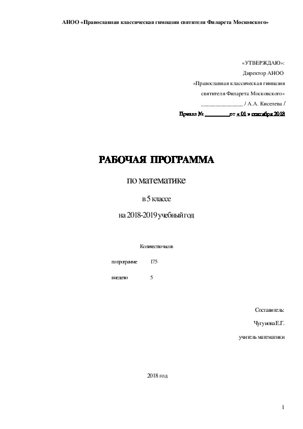 РАБОЧАЯ  ПРОГРАММА по математике в 5 классе