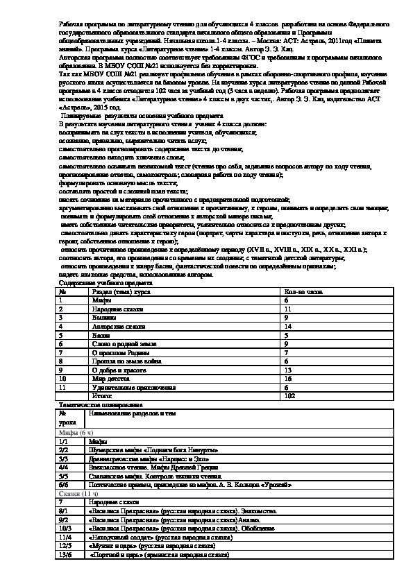 Рабочая программа по литературному чтению