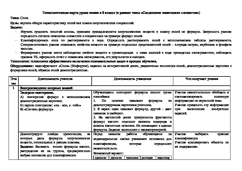 Технологическая карта урока по химии 8 класс по фгос габриелян