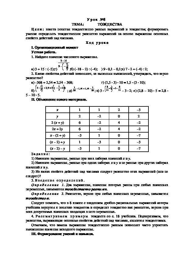 Урок на тему" Тождества".