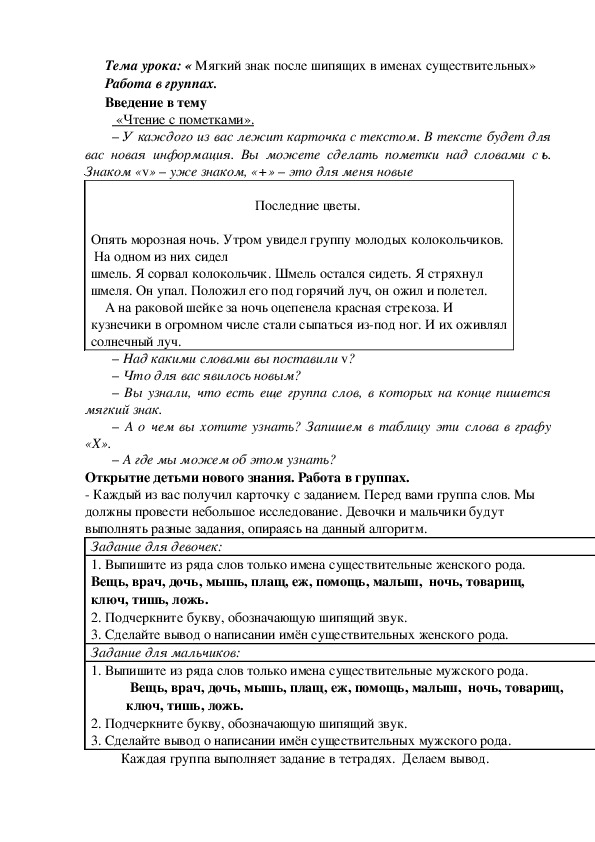 Задания в группах к уроку русского языка:  "Мягкий знак после шипящих в именах существительных "