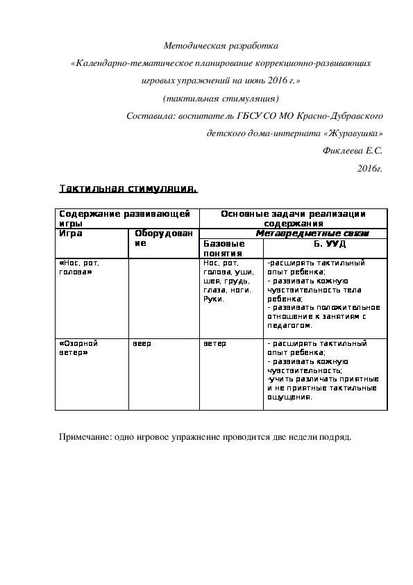 Методическая разработка «Календарно-тематическое планирование коррекционно-развивающих игровых упражнений на июнь 2016 г.» (тактильная стимуляция)