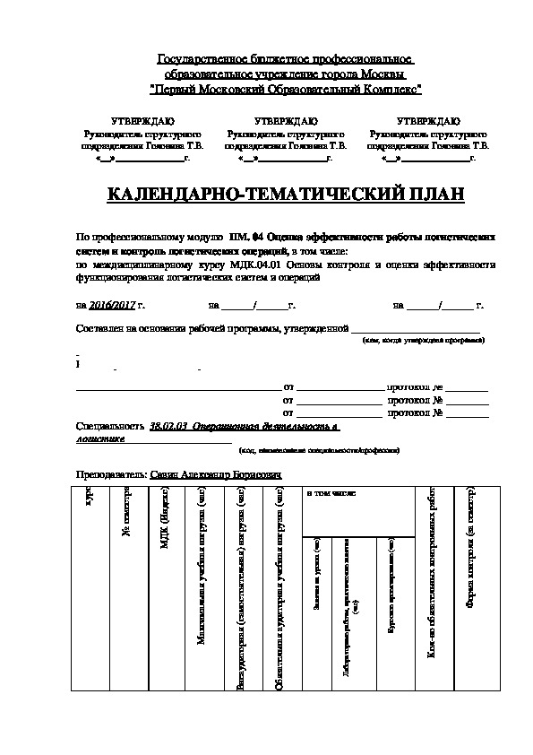 Календарно-тематический план по междисциплинарному курсу МДК.04.01