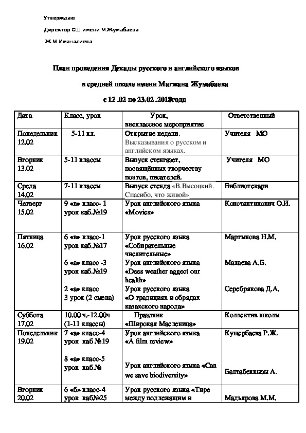 План проведения декады русского и английского языков
