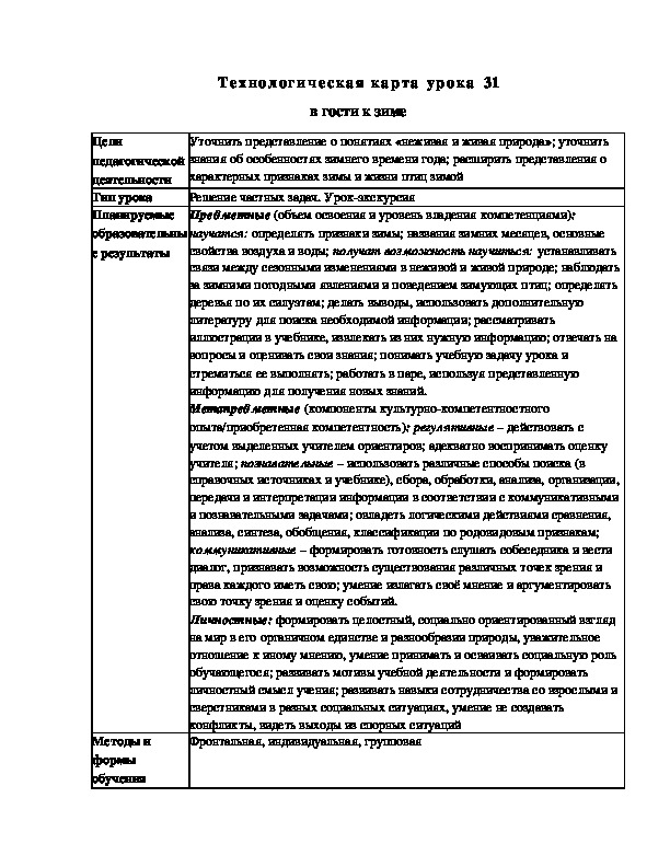 Конспект урока по окружающему миру " В гости к зиме"(2 класс)