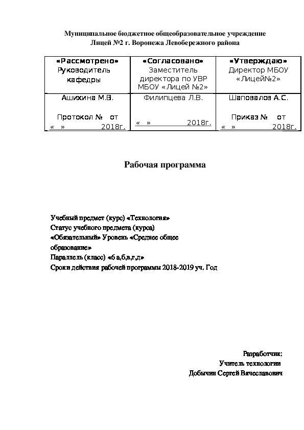 Рабочая программа по технологии 6 класс
