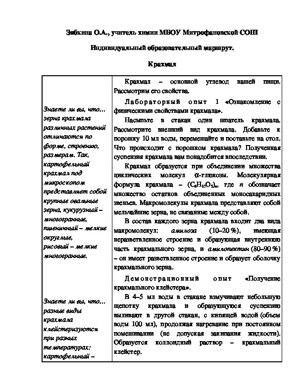 Обложка для материала Индивидуальный образовательный маршрут. Крахмал