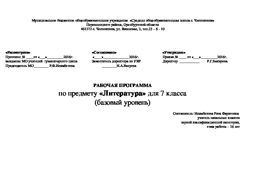 Рабочая программа по литературе