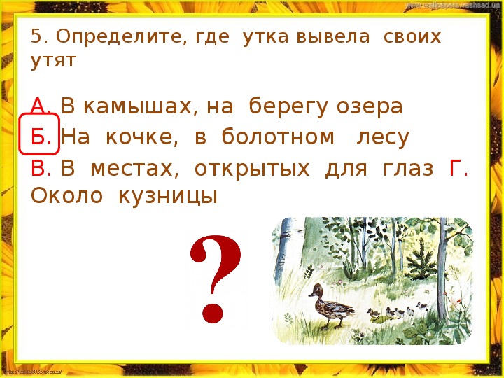 Тестовая работа по литературному чтению во 2 классе по рассказу М. М. Пришвина "Ребята и утята"