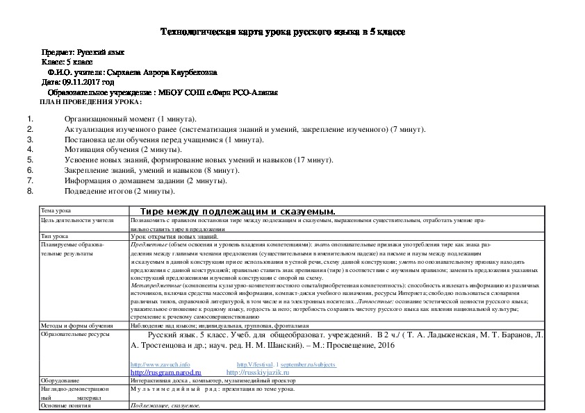 Технологическая карта урока 5 класс тире между подлежащим и сказуемым