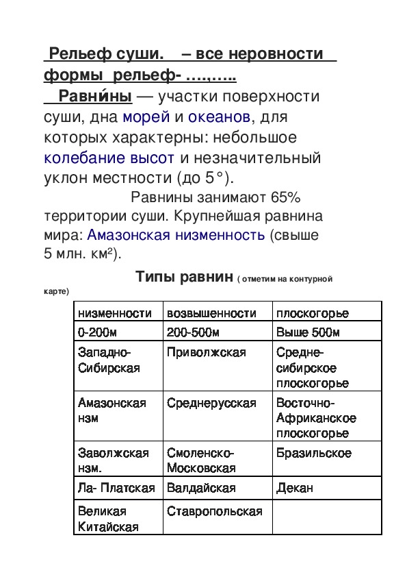 Листы рабочей тетради к уроку географии 6 класс по теме "Формы рельефа. Равнины"