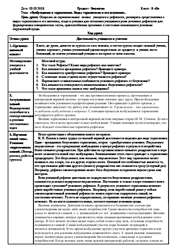 Краткосрочный план урока по биологии на тему: "Возбуждение и торможение" в 8 классе.