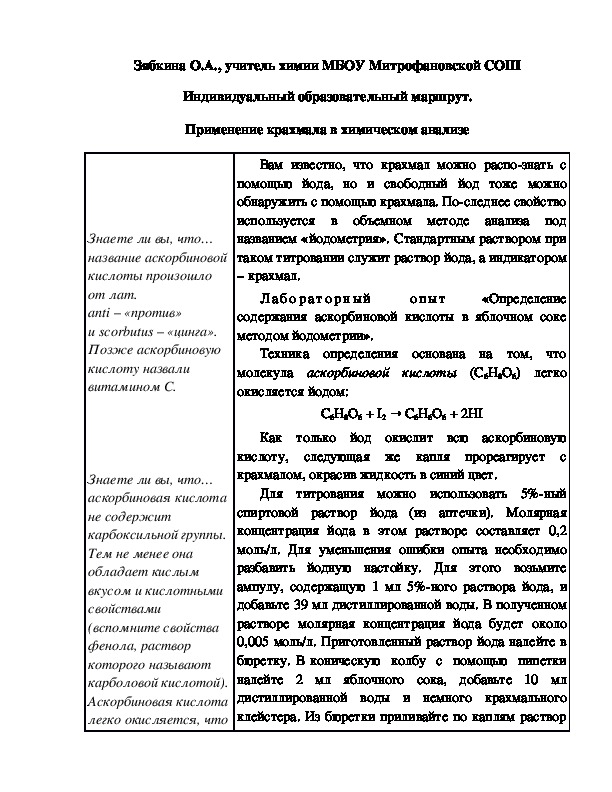 Обложка для материала Индивидуальный образовательный маршрут. Применение крахмала в химическом анализе
