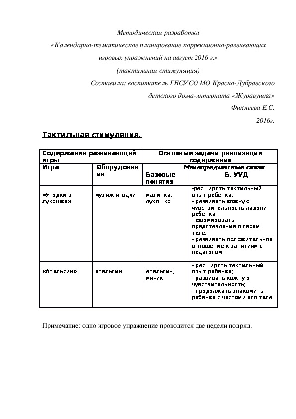 Методическая разработка «Календарно-тематическое планирование коррекционно-развивающих игровых упражнений на август 2016 г.» (тактильная стимуляция)