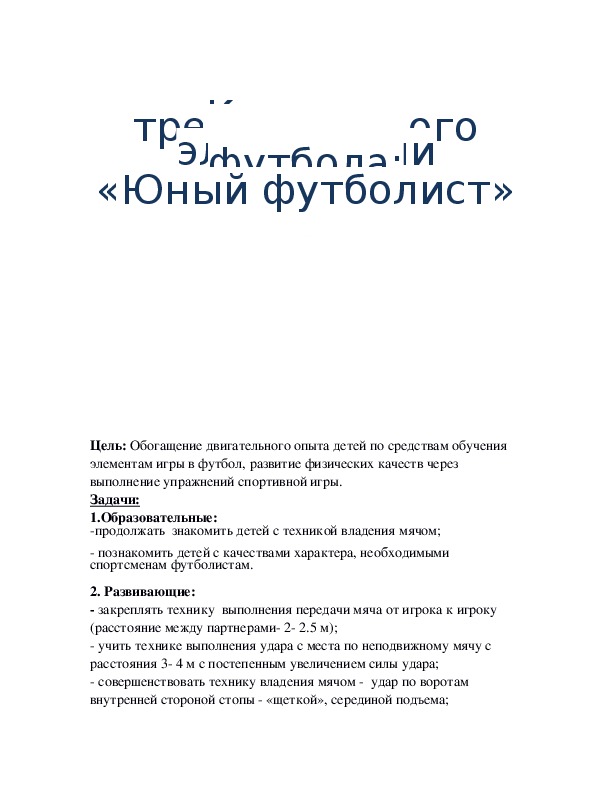 Обложка для материала Конспект тренировочного занятия с элементами футбола: "Юный футболист"