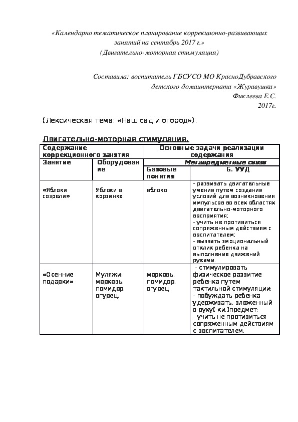 «Календарно¬ тематическое планирование коррекционно-развивающих занятий на сентябрь 2017 г.» (Двигательно-моторная стимуляция)