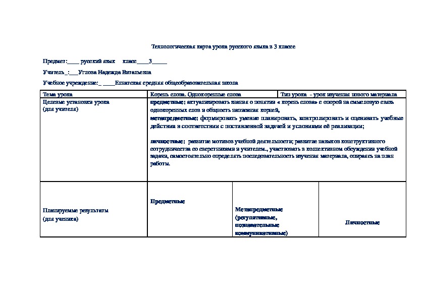 Технологическая карта к уроку русского языка 3 класс
