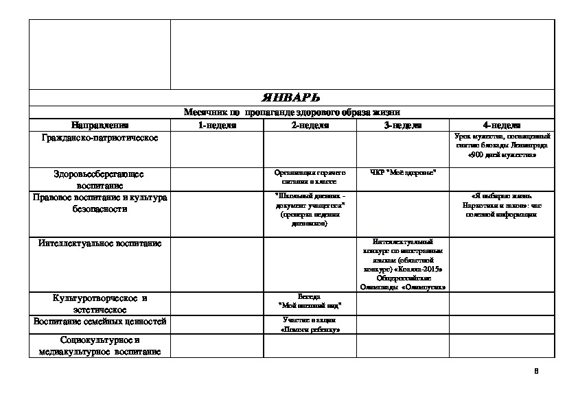 План сетка классного руководителя