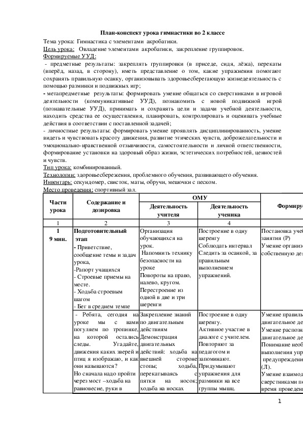 План конспект по гимнастике с элементами акробатики