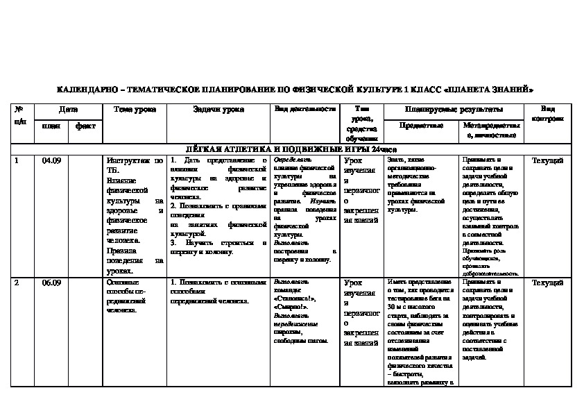 Календарно тематический план по физкультуре 1 класс