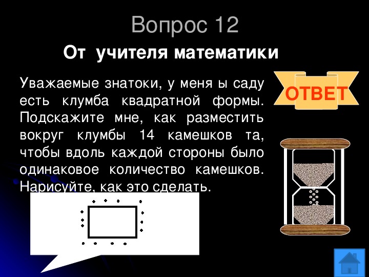 И мы вокруг квадратного ходим. Вокруг клумбы квадратной формы надо разместить. Как разместить 14 камешков вокруг квадратной клумбы.