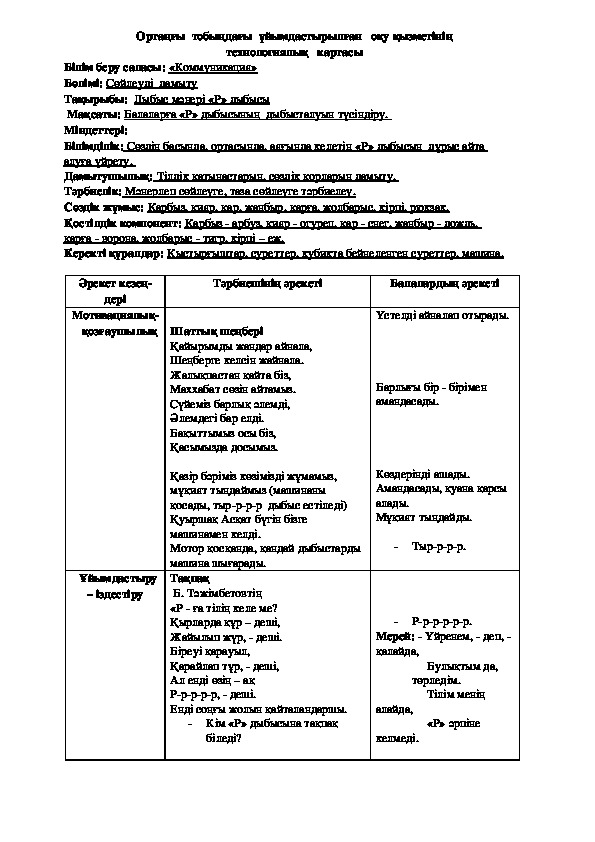 Сөйлеуді дамытудан ұйымдастырылған оқу қызметі. Тақырыбы: «Дыбыс мәнері «Р» дыбысы»