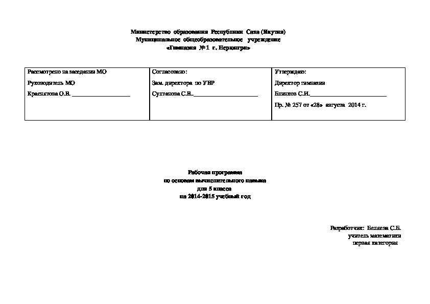 Обложка для материала Рабочая прграмма по основам вычислительного навыка
