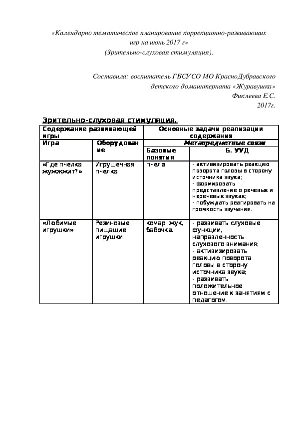 «Календарно¬ тематическое планирование коррекционно¬-развивающих игр на июнь 2017 г» (Зрительно-слуховая стимуляция).