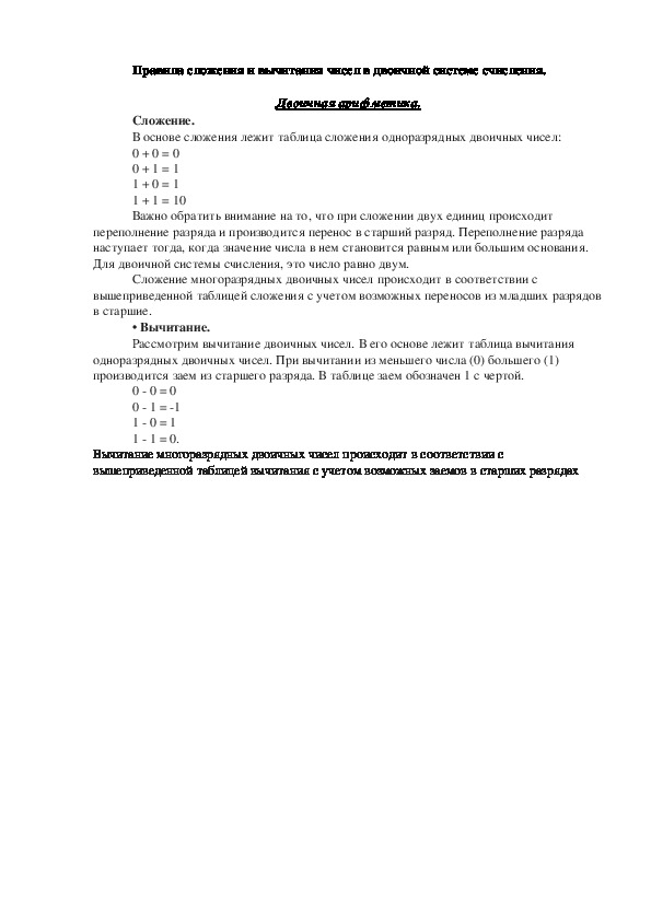 Обложка для материала Лекция "Правила сложения и вычитания чисел в двоичной системе счисления. "
