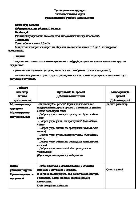 Технологическая карта по математике в предшколе " Состав чисел 2, 3, 4, 5"