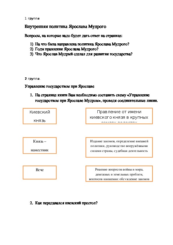 Задания для работы в группах по теме "Правление Ярослава Мудрого" 6 класс, история