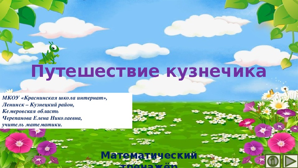 Обложка для материала Презентация по математике "Путешествие кузнечика.  Математический тренажёр"