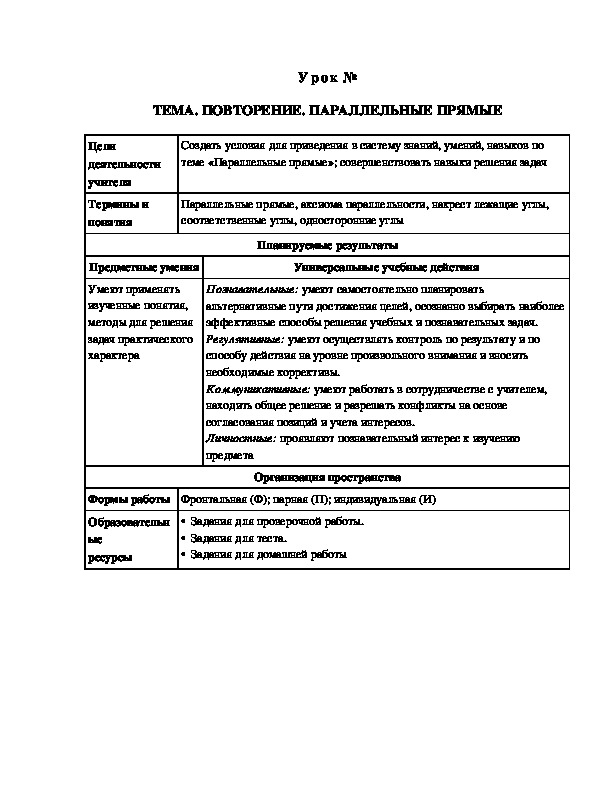 Урок на тему Повторение. Параллельные прямые. Решение задач.