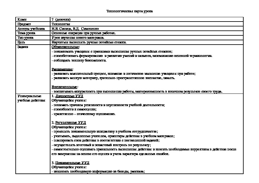 План конспект по технологии